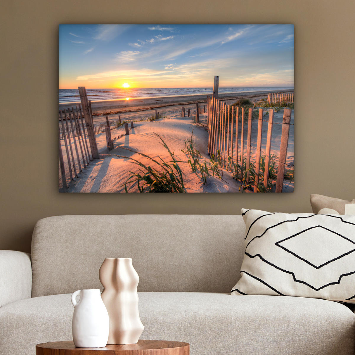 LEINWANDBILD Strand - Meer - Düne - Sonnenuntergang - Landschaft Wandbilder 80x60 cm - Beige, Textil (80/60cm) - MuchoWow
