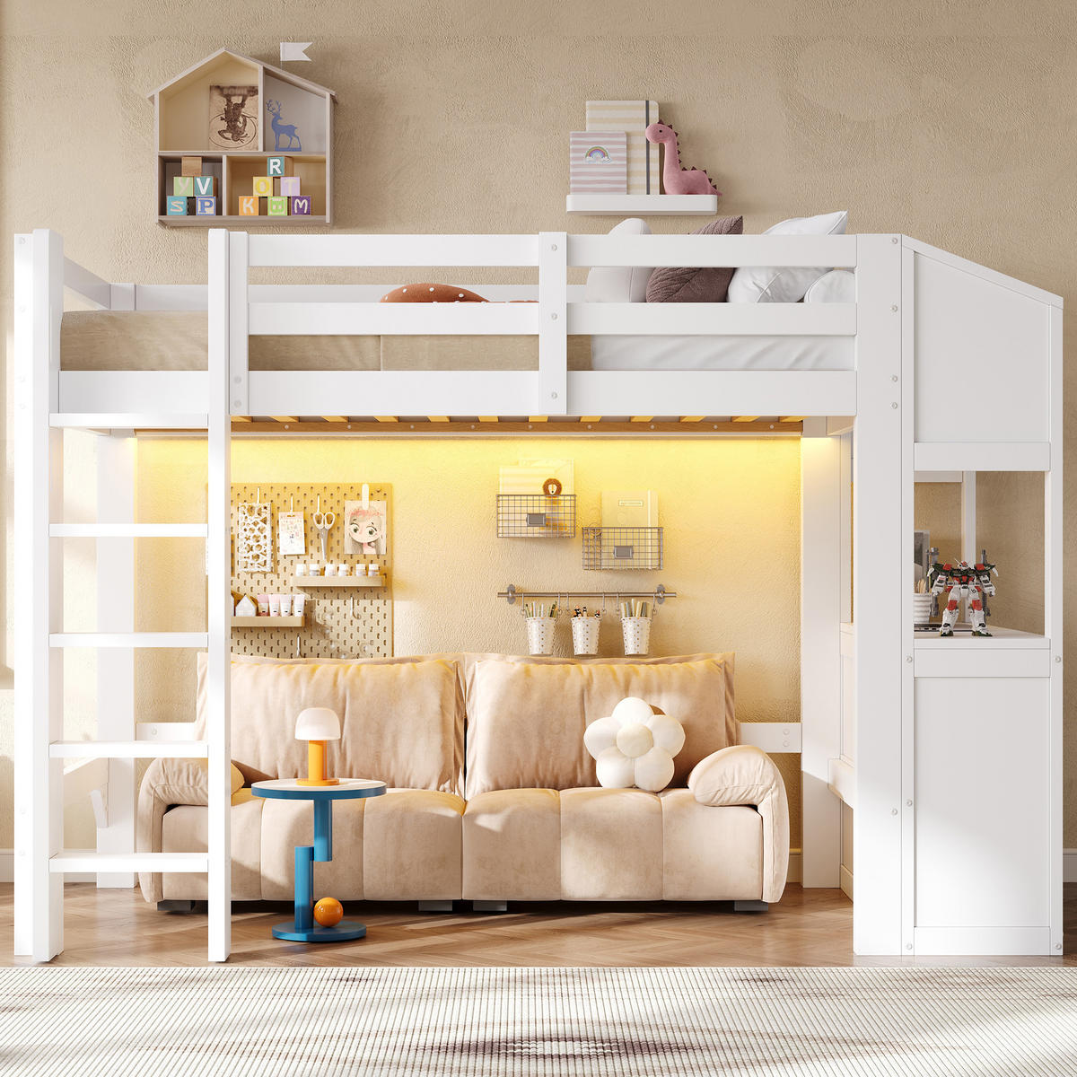 HOCHBETT weiß 90 × 200 cm aus Kiefernholz‑MDF mit 3 Schubladen und Regalen, LED‑Beleuchtung - Weiß, Holzwerkstoff (90/200cm) - Luhomfu