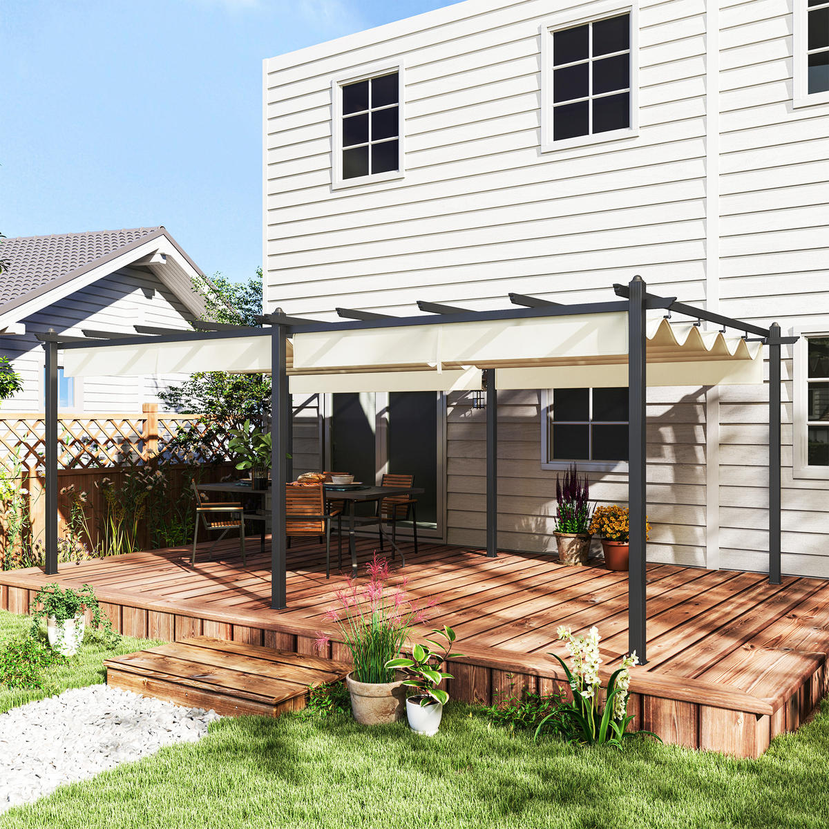PERGOLA DE-12645 350/600 cm ausziehbar mit Alurahmen Beige - Beige, Metall (358/223/597cm) - ComfortXL