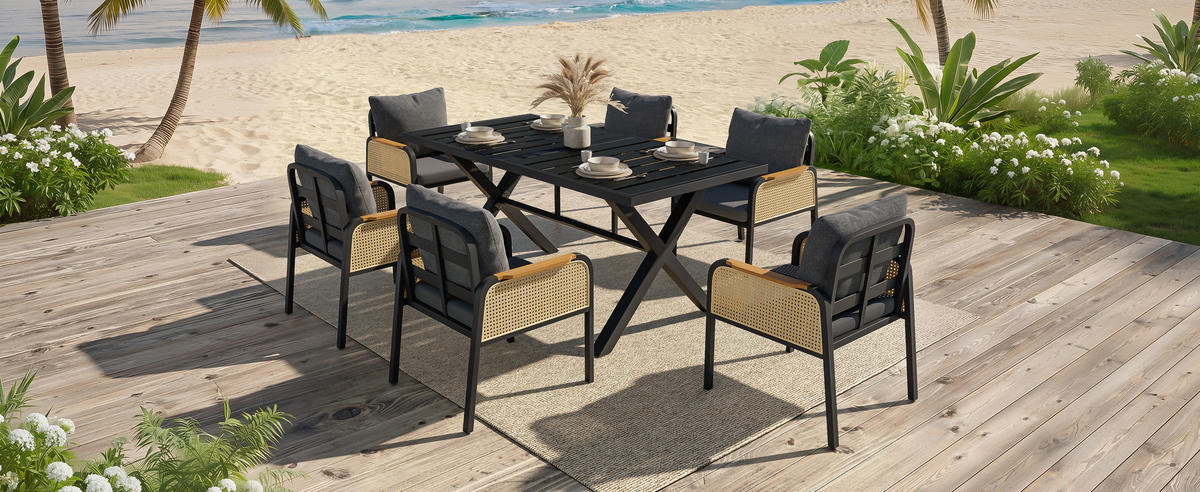 OUTDOOR SOFA SET Metall Armlehnen Kissen - Schwarz, Metall - LEBENLANG