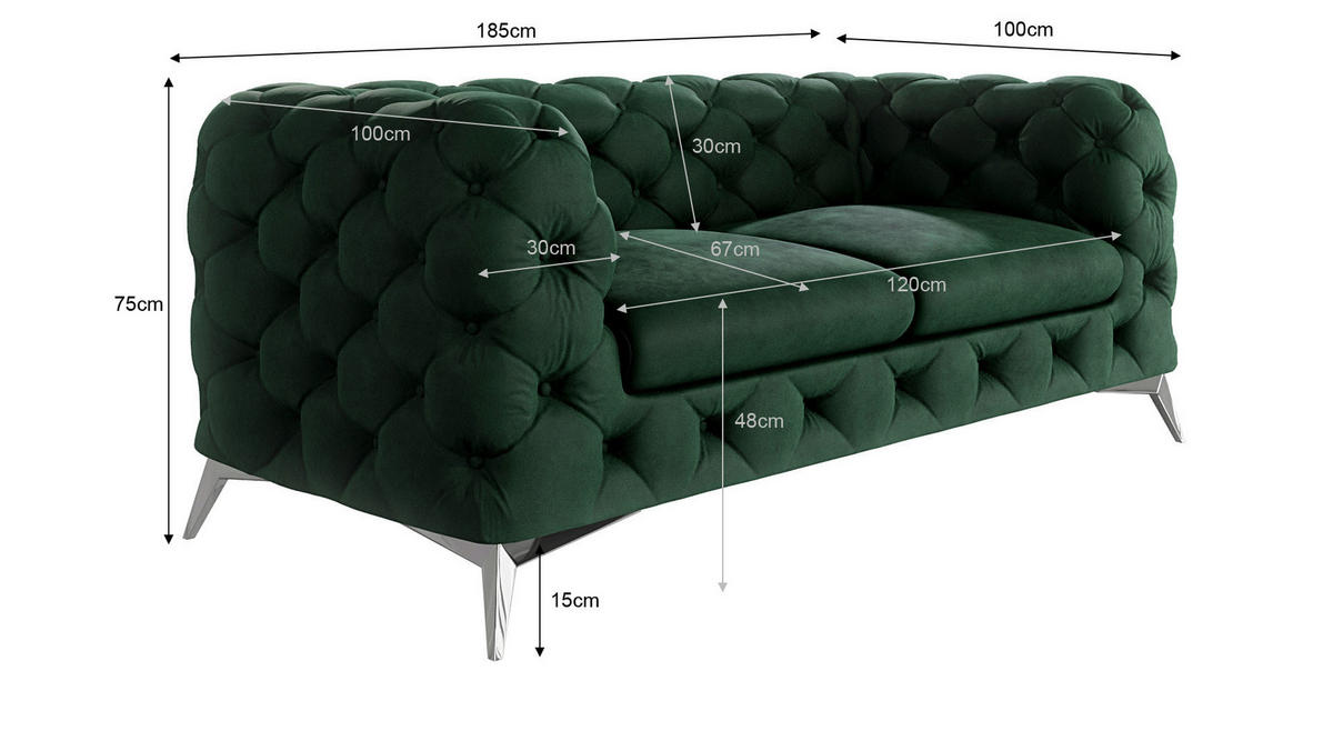 CHESTERFIELD-SOFA 2-Sitzer Laura Flasche Grün Samt - Smaragdgrün/Silberfarben, Holz/Textil (185/75/100cm) - S-Style Möbel