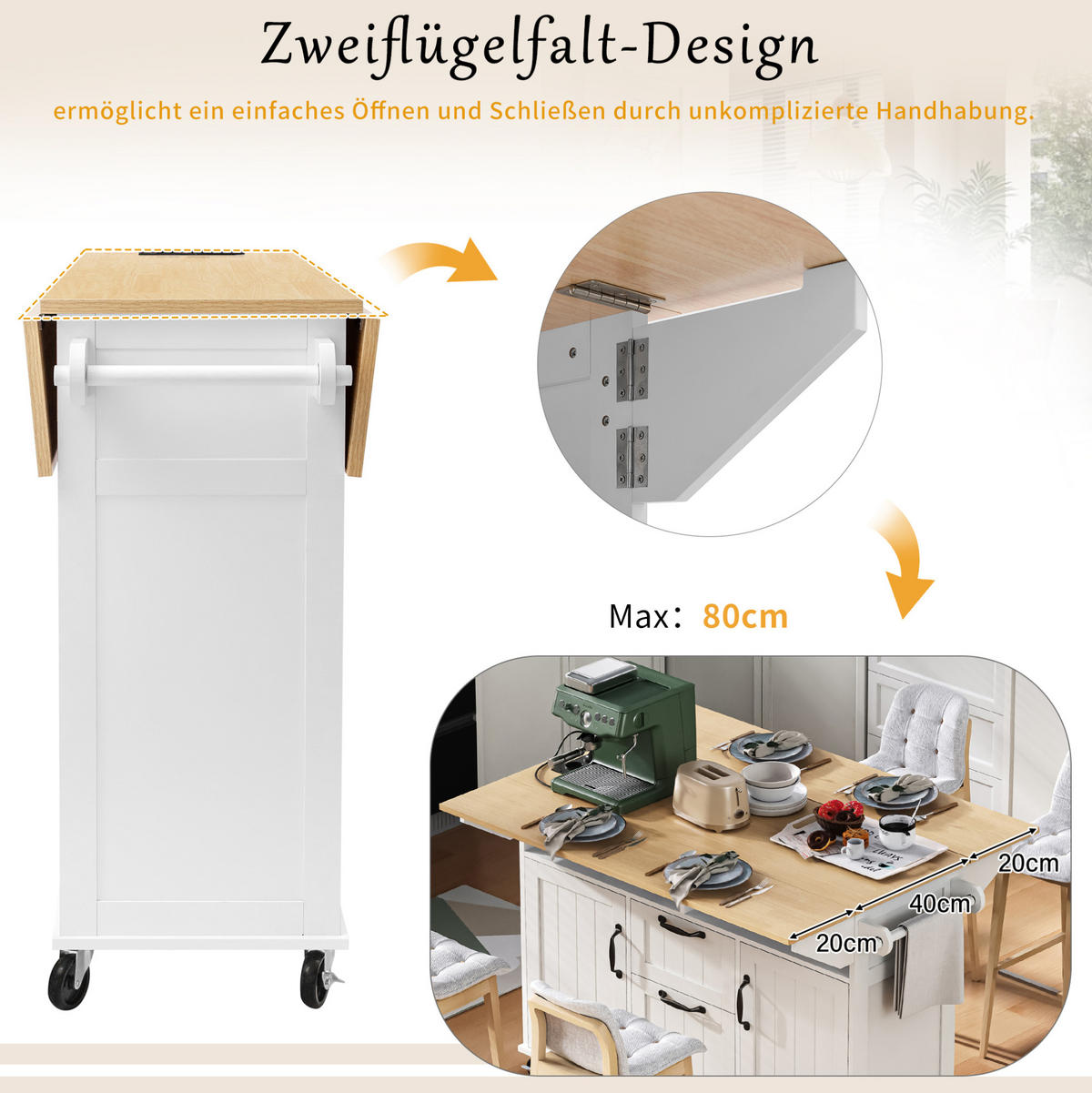 KÜCHENINSEL mit Klapptisch 120 x 40-60-80 x 92 cm Weiß/Natur - Weiß, Holz (80/92/120cm) - Beauniv