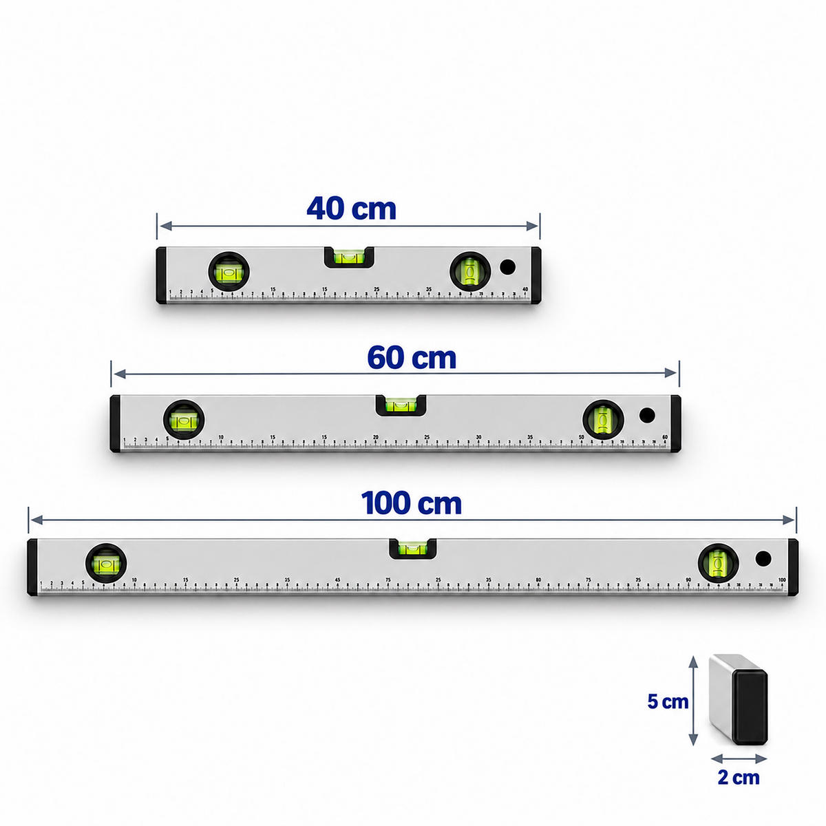 VATTENPASS Silver 3-delars-set aluminium 100 cm - Silverfärgad, Metall/Plast (2/100/5cm) - Relaxdays