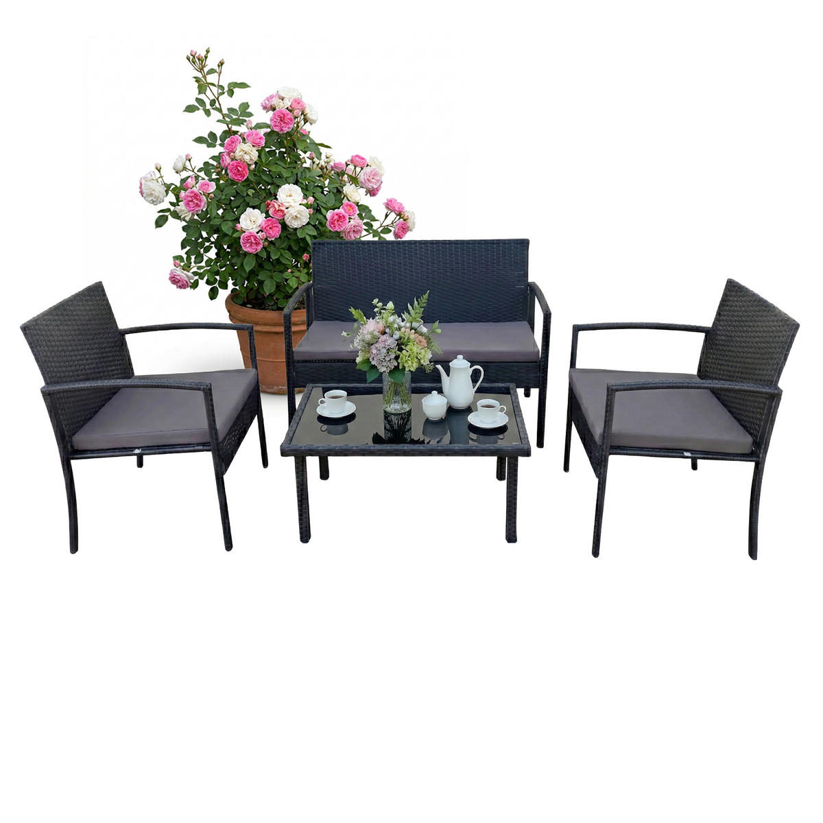 4-TLG.GARTENMÖBEL-SET - Schwarz, Glas/Kunststoff - Relaxdays