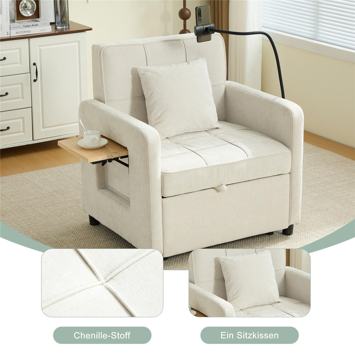 SCHLAFSESSEL 2-in-1 Chenille Einzelschlafsofa beige - Weiß, Textil (79/83/66cm) - Kaket