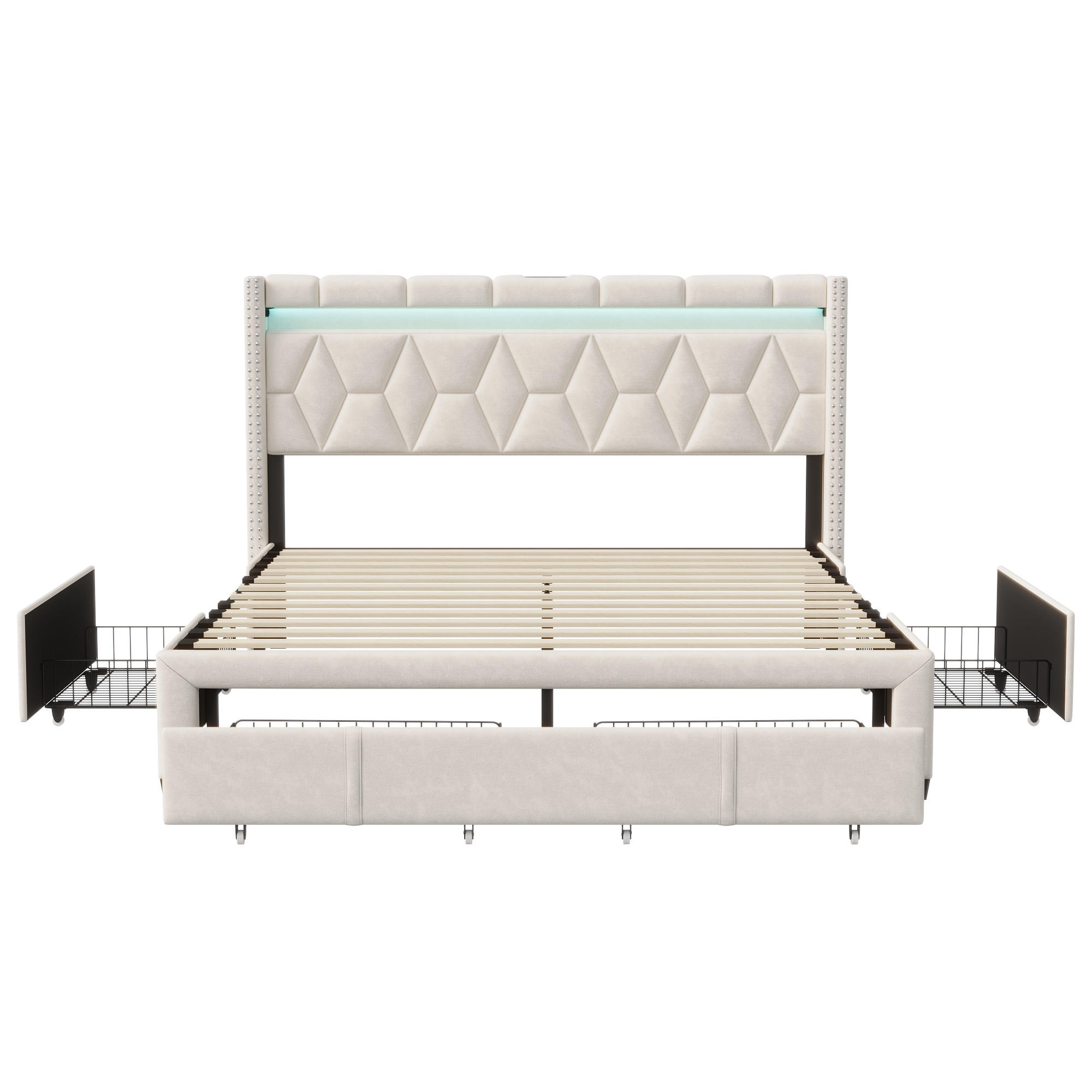 POLSTERBETT 160x200 cm LED 4 Schubladen Stauraum Leinen beige - Beige, Holz (160/200cm) - LEBENLANG