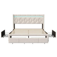 POLSTERBETT 160x200 cm LED 4 Schubladen Stauraum Leinen beige - Beige, Holz (160/200cm) - LEBENLANG