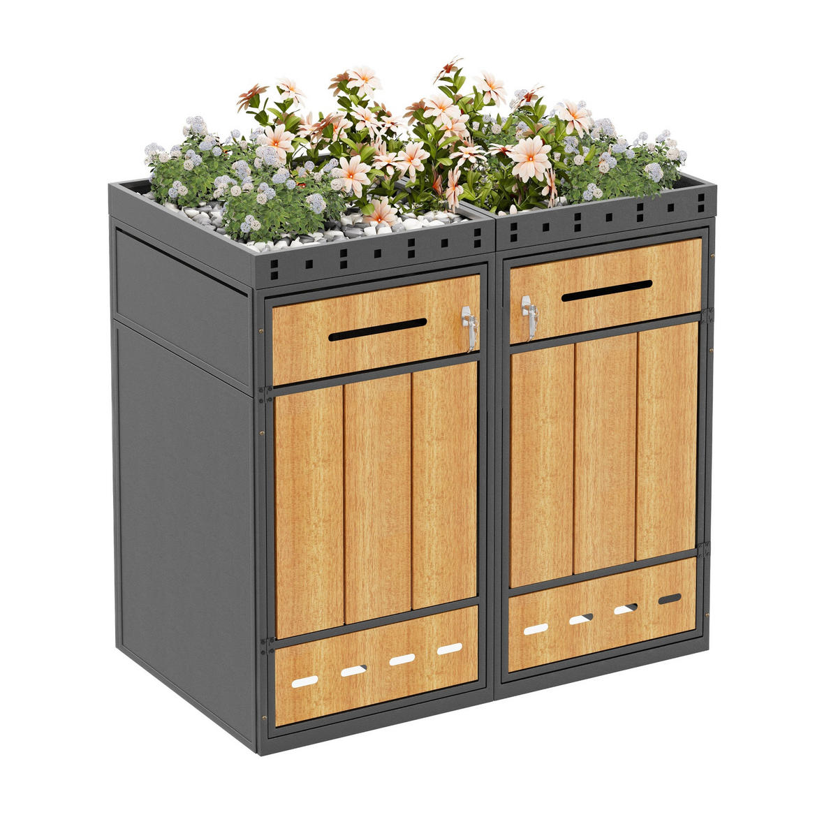 MÜLLTONNENBOX aus Stahl in Grau Holzoptik mit Pflanzdach & Abfalltrennung - Grau, Metall (132/124/80cm) - Modfu