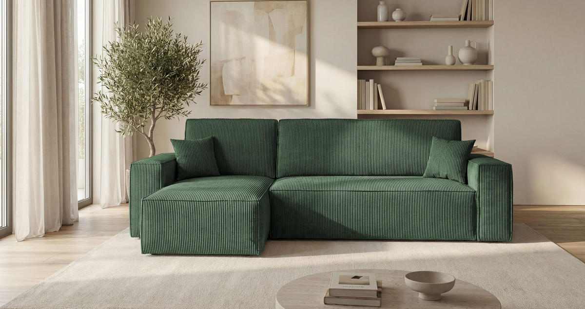 ECKSOFA CALIFORNIA MINI links grün Cord Poso 14 - Schlaffunktion, Bettkasten - Grün, Textil (245/140cm) - Cornero