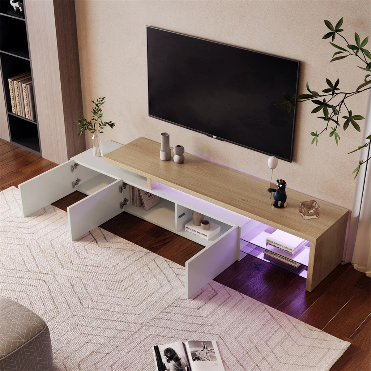 TV-LOWBOARD - TV-Schrank mit LED-Beleuchtung - offenem Glasregal und Stauraum - Weiß+Natur - Weiß, Holzwerkstoff (39/42/200cm) - DELFA
