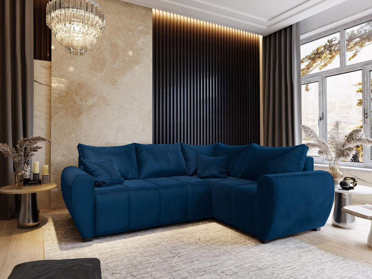 ECKSOFA MADISON L R-S Blau Plüsch-Stoff mit Schlaffunktion - Blau, Holz (235/175cm) - MASSENO