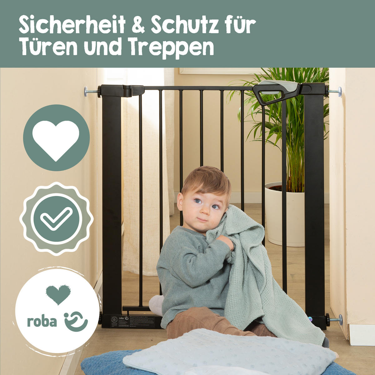 TÜRSCHUTZGITTER easySafe+ zum Klemmen - 75 - 82 cm - Schwarz, Metall (82/5cm) - Roba