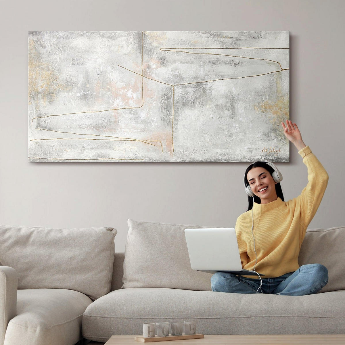 GEMÄLDE Goldene Schleife auf Keilrahmen 160x80 cm - Beige, Holz (160/80cm) - YS-art gallery