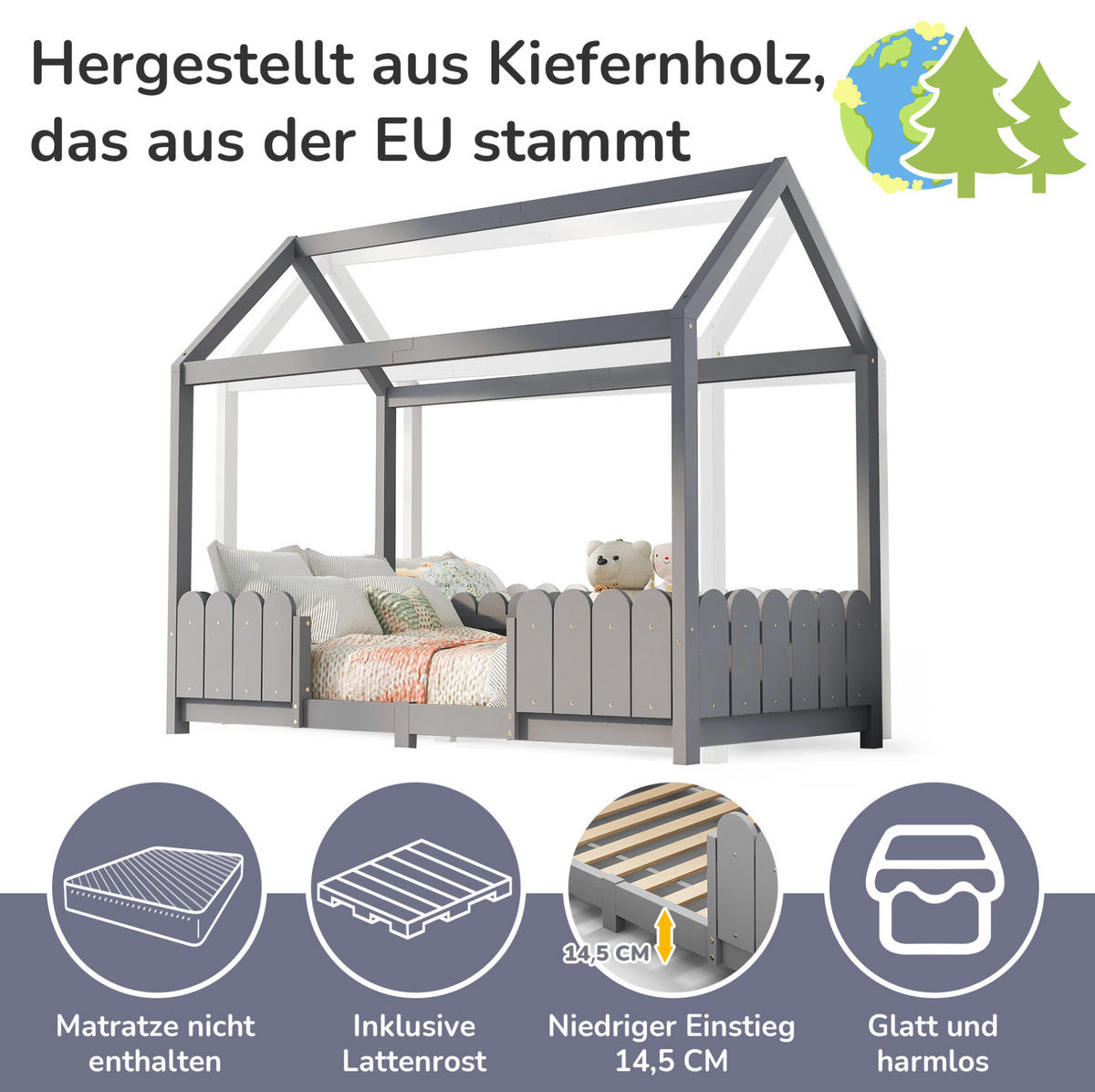 KINDEREINZELBETTEN aus Massivholz 90x200 cm in Grau mit Rausfallschutz & Lattenrost - Grau, Holz (90/200cm) - Modfu