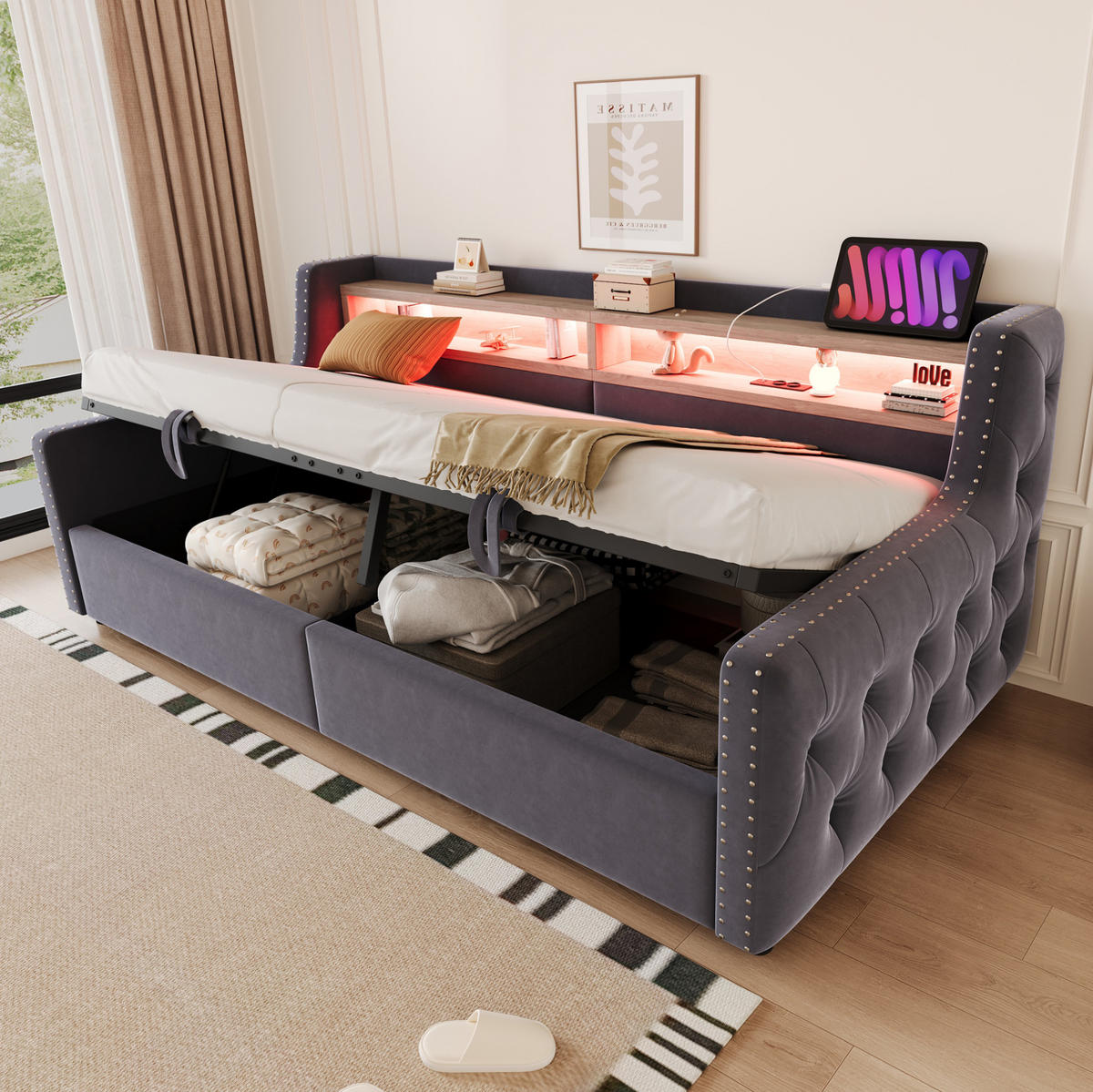 SCHLAFSOFA 90/200 cm mit LED, Stauraum, Ablage, Steckdose und USB-C, Samt mit Lattenrost, Dunkelgrau - Dunkelgrau, Textil (104/81/216cm) - Redom