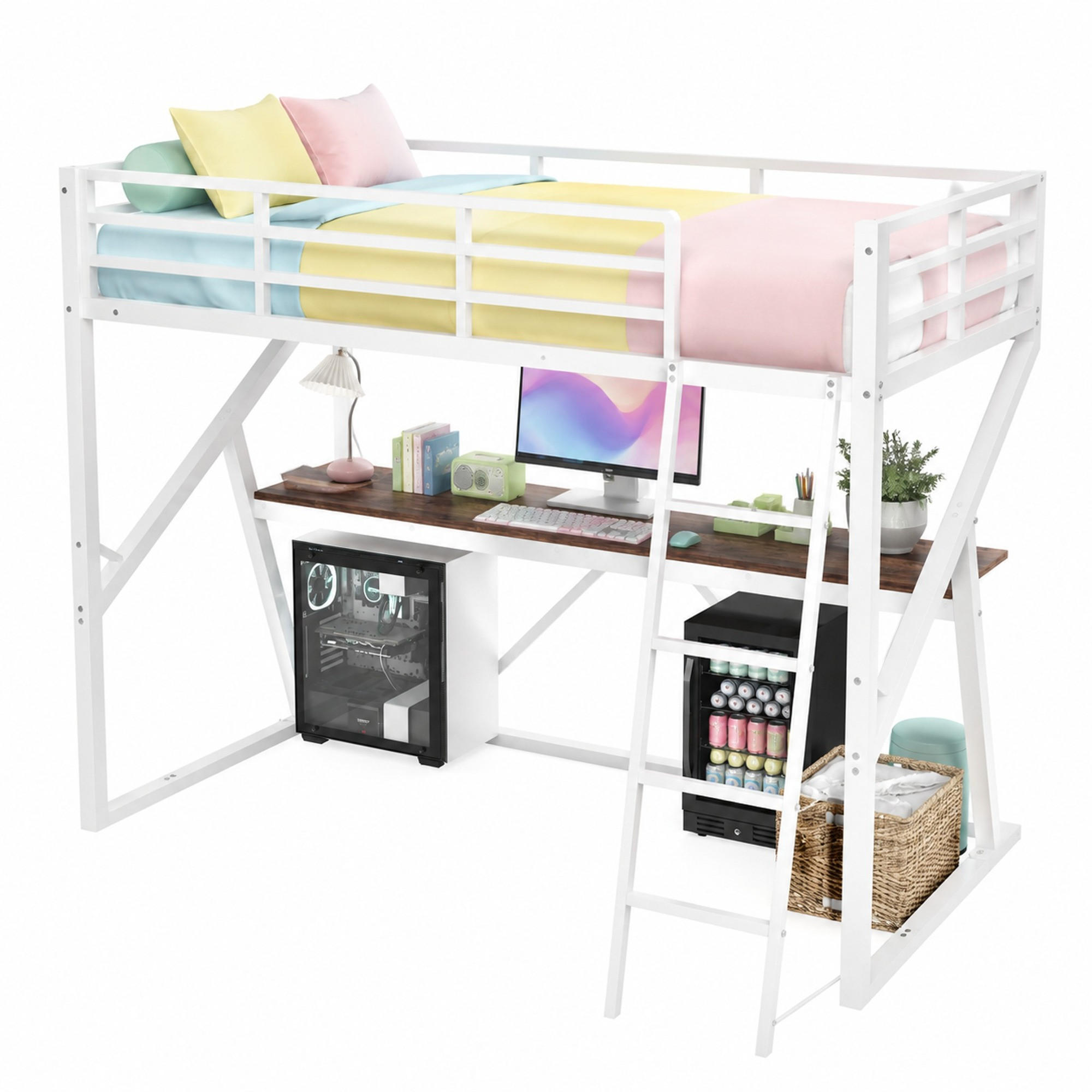 HOCHBETT 90/200 mit LED, Schreibtisch und Treppe in Weiß - Weiß, Holzwerkstoff/Metall (90/200cm) - EVRYAE