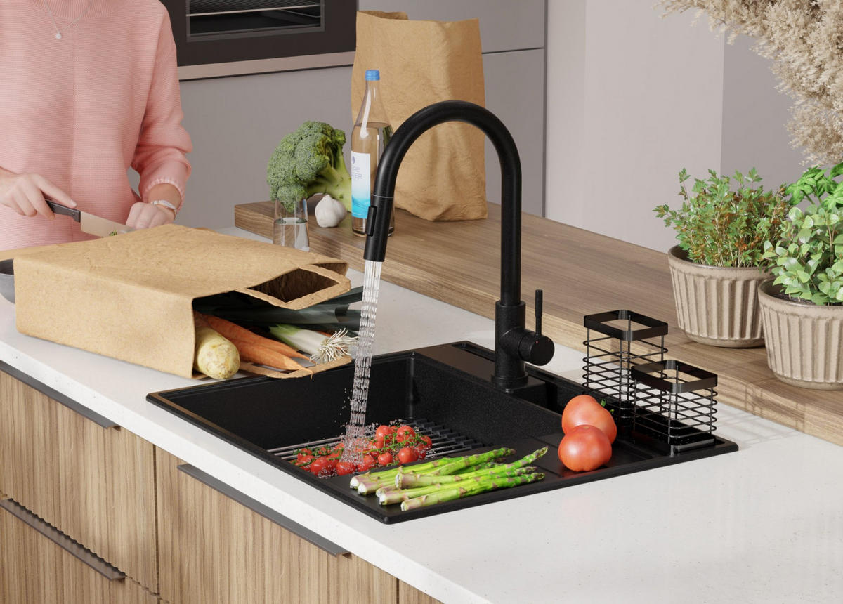 SPÜLBECKEN Sydney Pocket, 2-er set Schwarz 62/53 cm 1 Becken + Ablauf-Set + Küchenzubehörset ab 45er Unterschrank - Chromfarben/Beige, Kunststoff (62/20/53cm) - Primagran