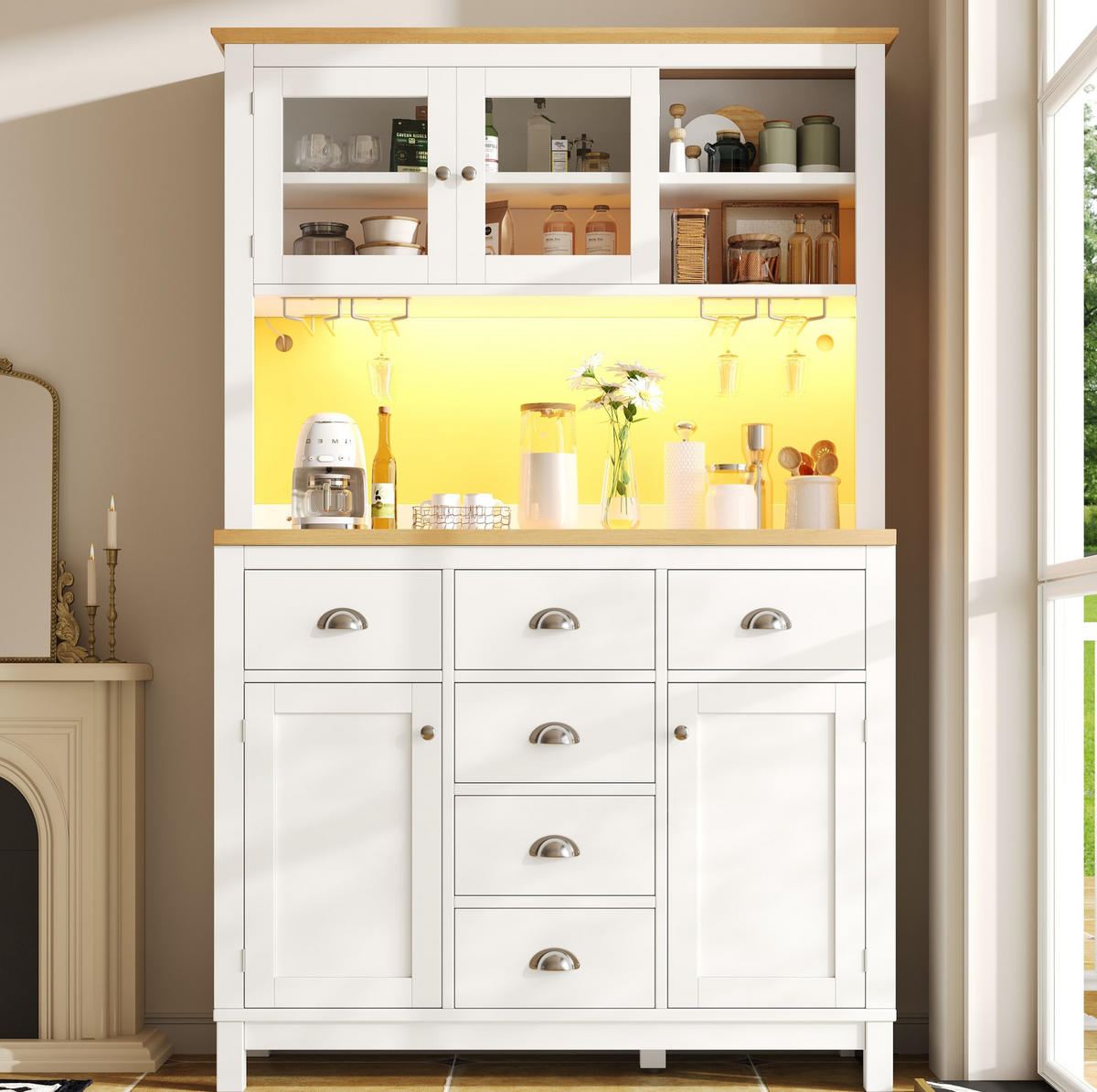 BUFFET 104/40/180 cm s LED osvětlením, velkým úložným prostorem a ochranou proti převrácení, Bílá - bílá, kompozitní dřevo (104/180/40cm) - Redom