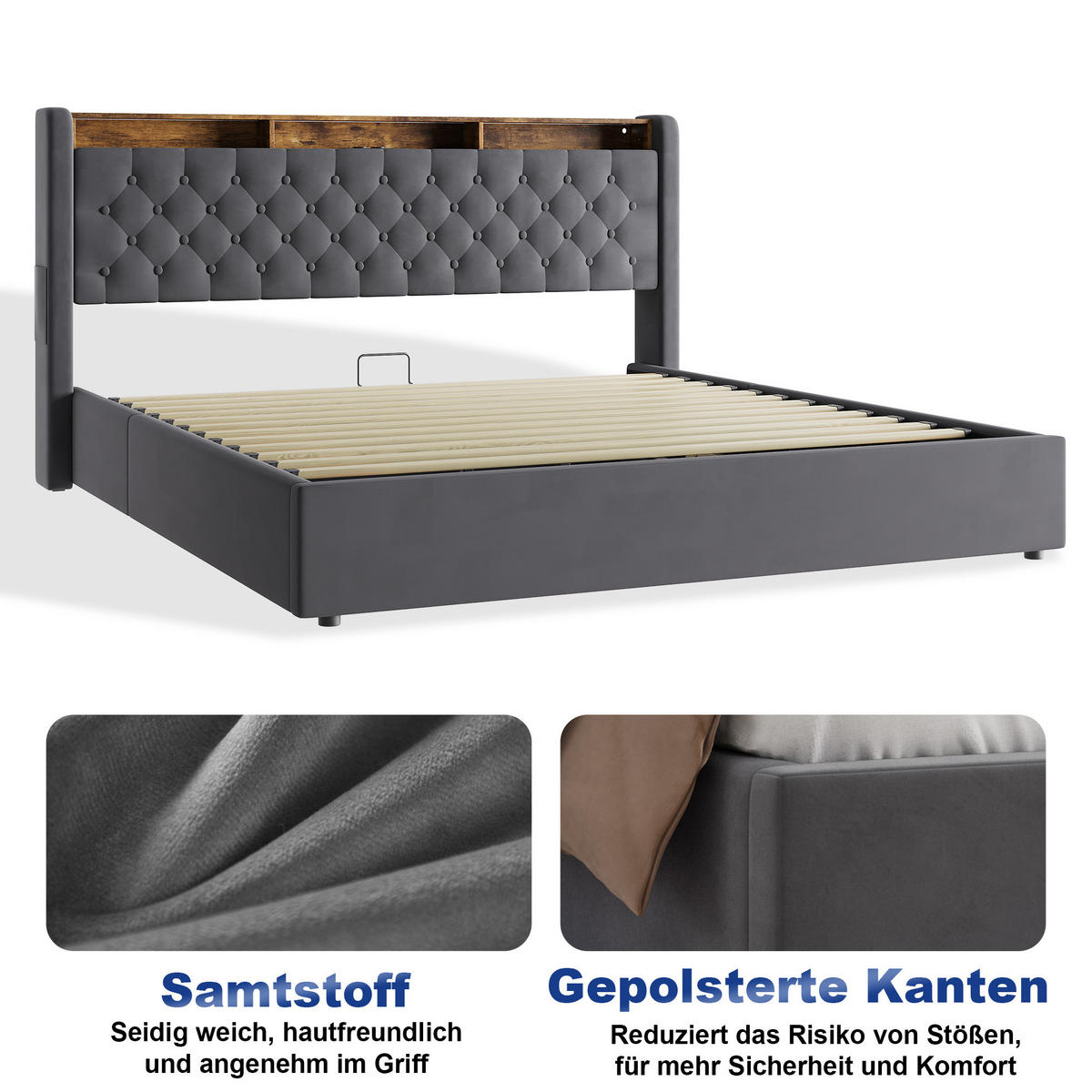 POLSTERBETT 180/200 cm in Dunkelgrau Samt mit Bettkasten, LED-Beleuchtung und USB-Anschluss - Dunkelgrau, Holzwerkstoff/Textil (180/200cm) - CHICFURN
