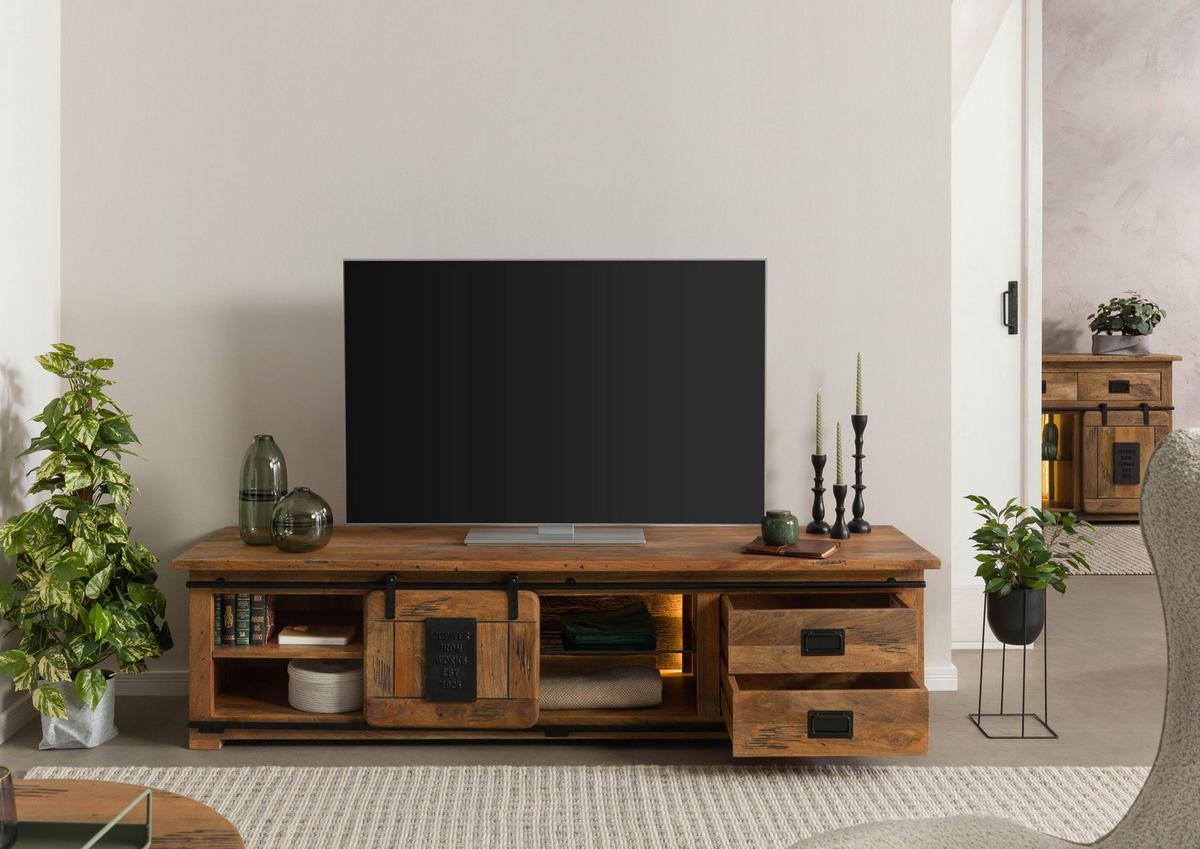 TV-BOARD Mango / Altholz 200x55x50 natur lackiert RAILWAY LUX #131 - Naturfarben, Holz (200/50/55cm) - Massivmoebel24
