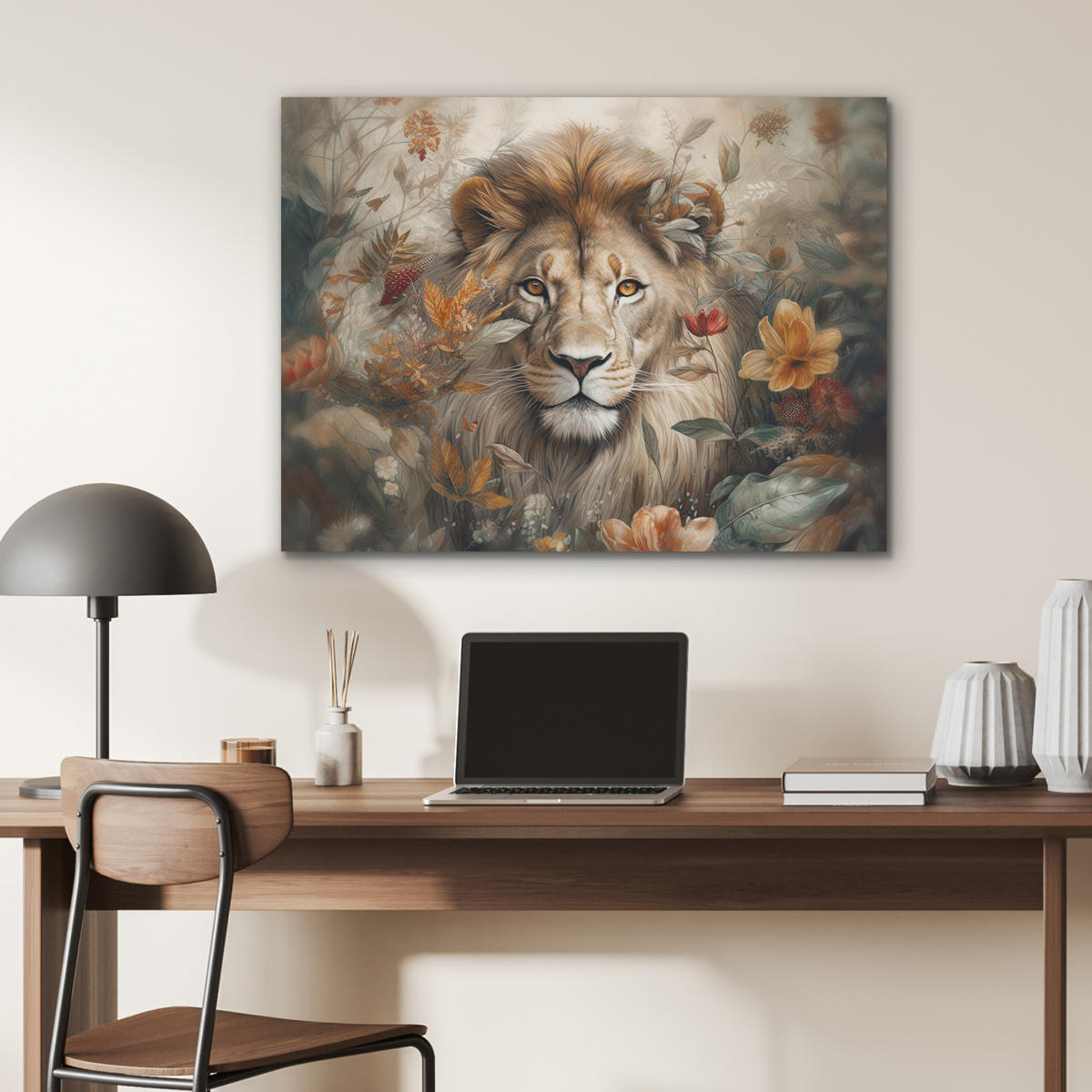 AKUSTIKPANEEL Löwe - Wildtiere - Pflanzen - Natur - Blumen 80x60 cm - Beige, Textil (80/0.9/60cm) - MuchoWow