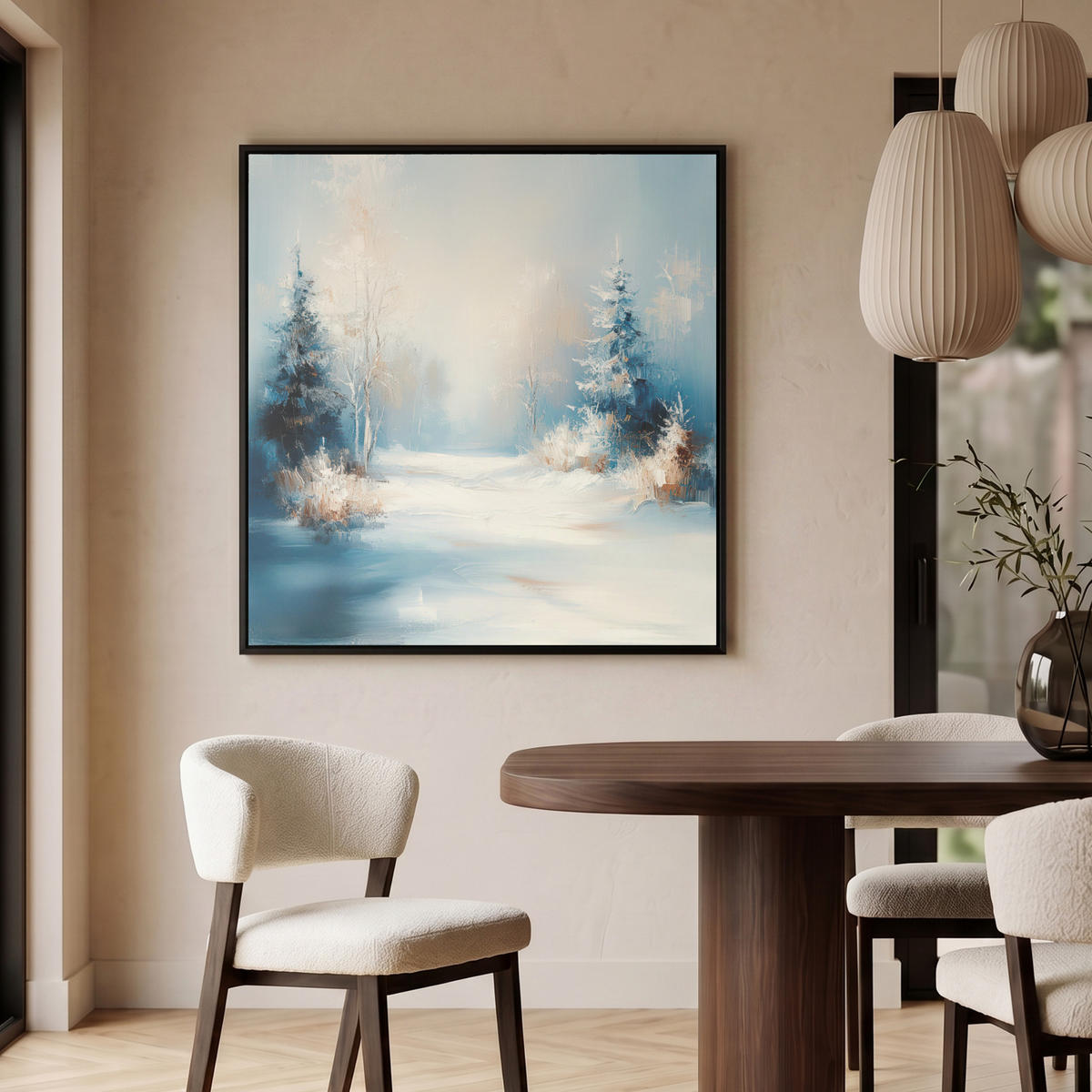 LEINWAND Bilder mit Rahmen - Wald – Winter – Natur – Abstrakt – Schnee - 90x90 - Weiß, Textil (90/90cm) - MuchoWow