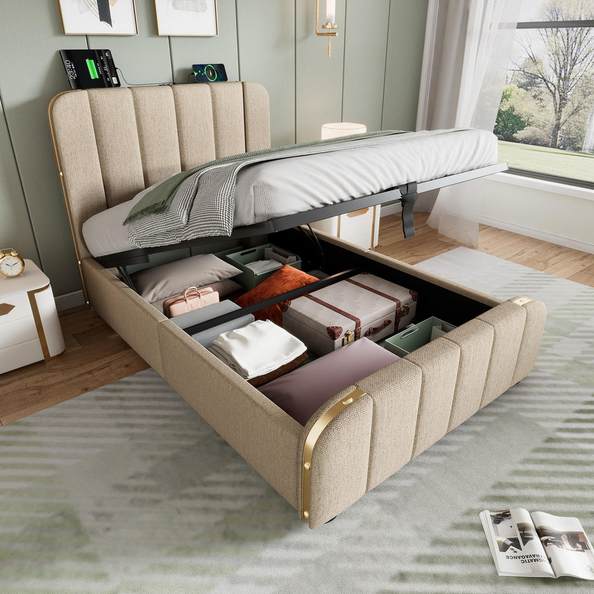 POLSTERBETT 90x200cm Einzelbett USB-C Hydraulik Goldstreifen Beige - Beige, Holz - FLIEKS