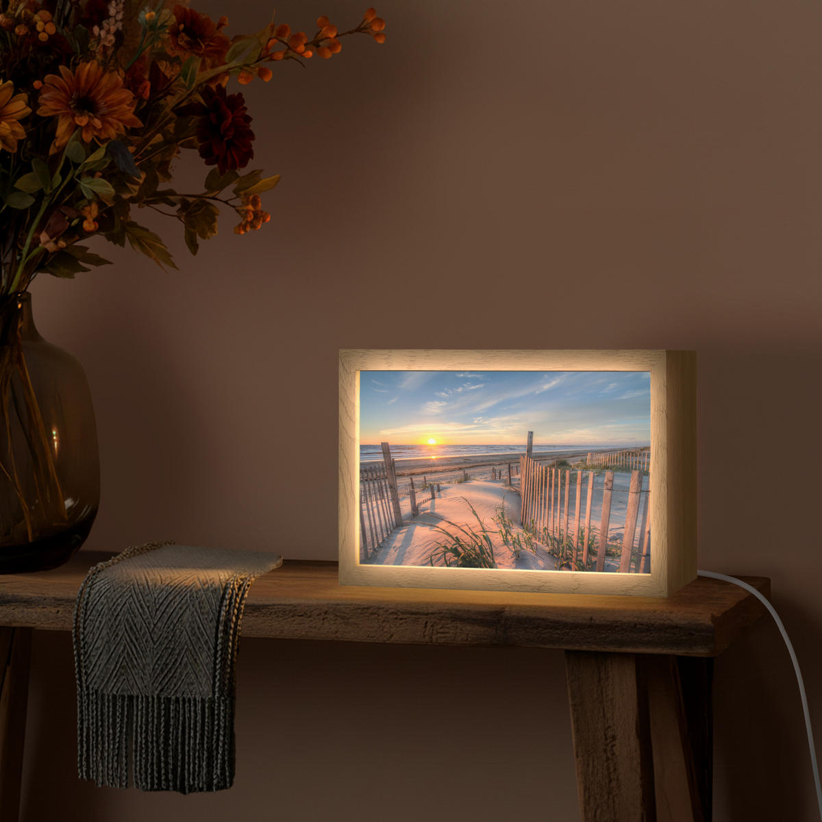 TISCHLEUCHTE Strand - Meer - Düne - Sonnenuntergang - Landschaft 30x20 cm - Creme, Holzwerkstoff (8/30/20cm) - OnlyWow