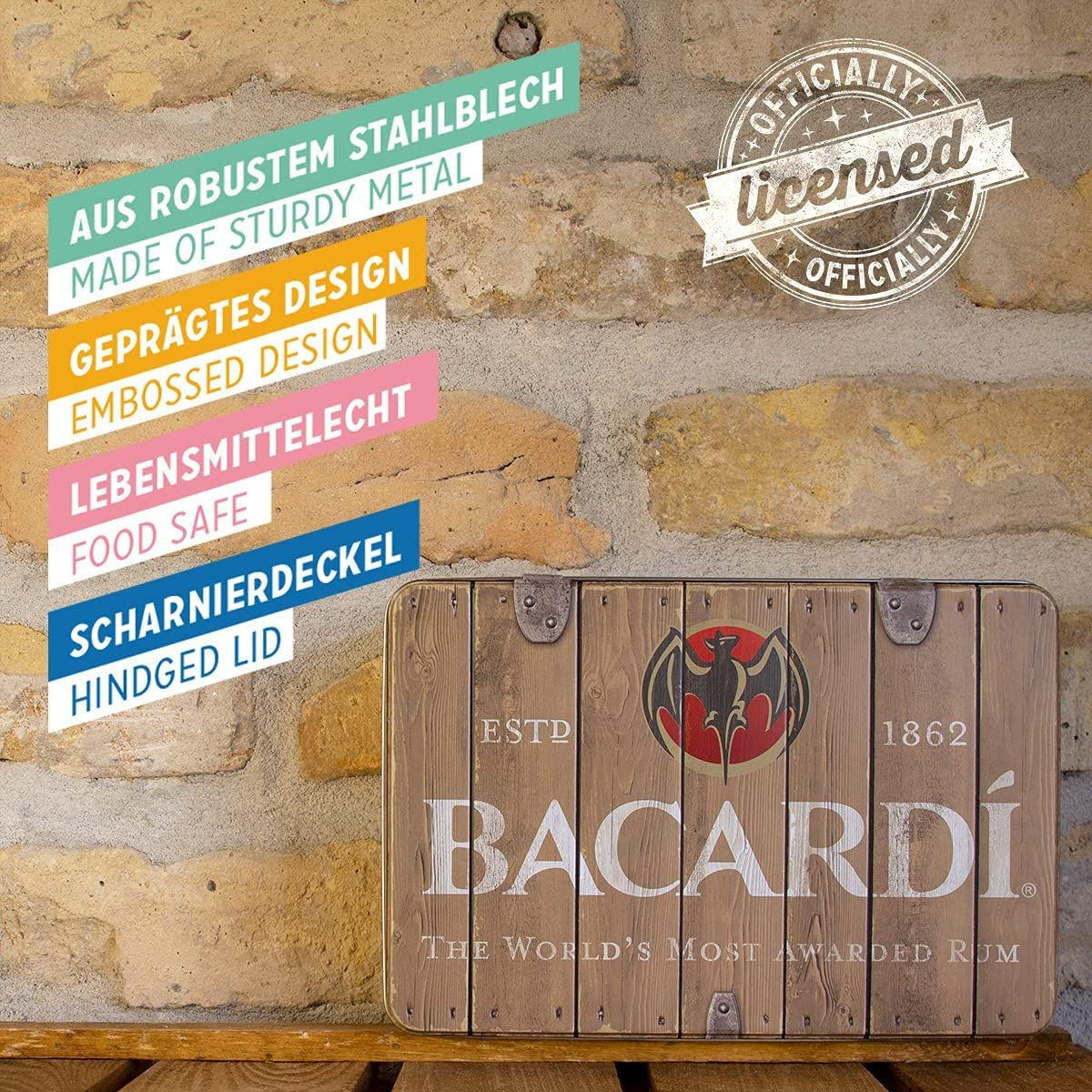 VORRATSDOSE flach Bacardi Wood Barrel Logo - Multicolor, Metall (23/7/16cm) - Nostalgic-Art