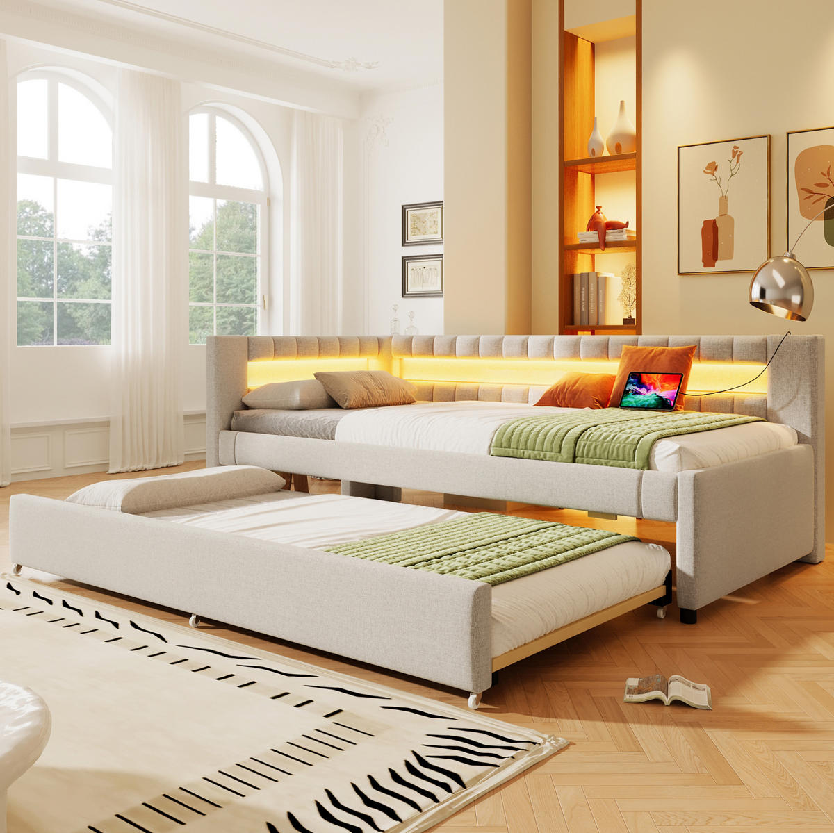 POLSTERBETT aus Leinen 90x200 cm in Beige mit Ausziehbett, LED & USB-Type-C - Beige, Textil (90/200cm) - Modfu