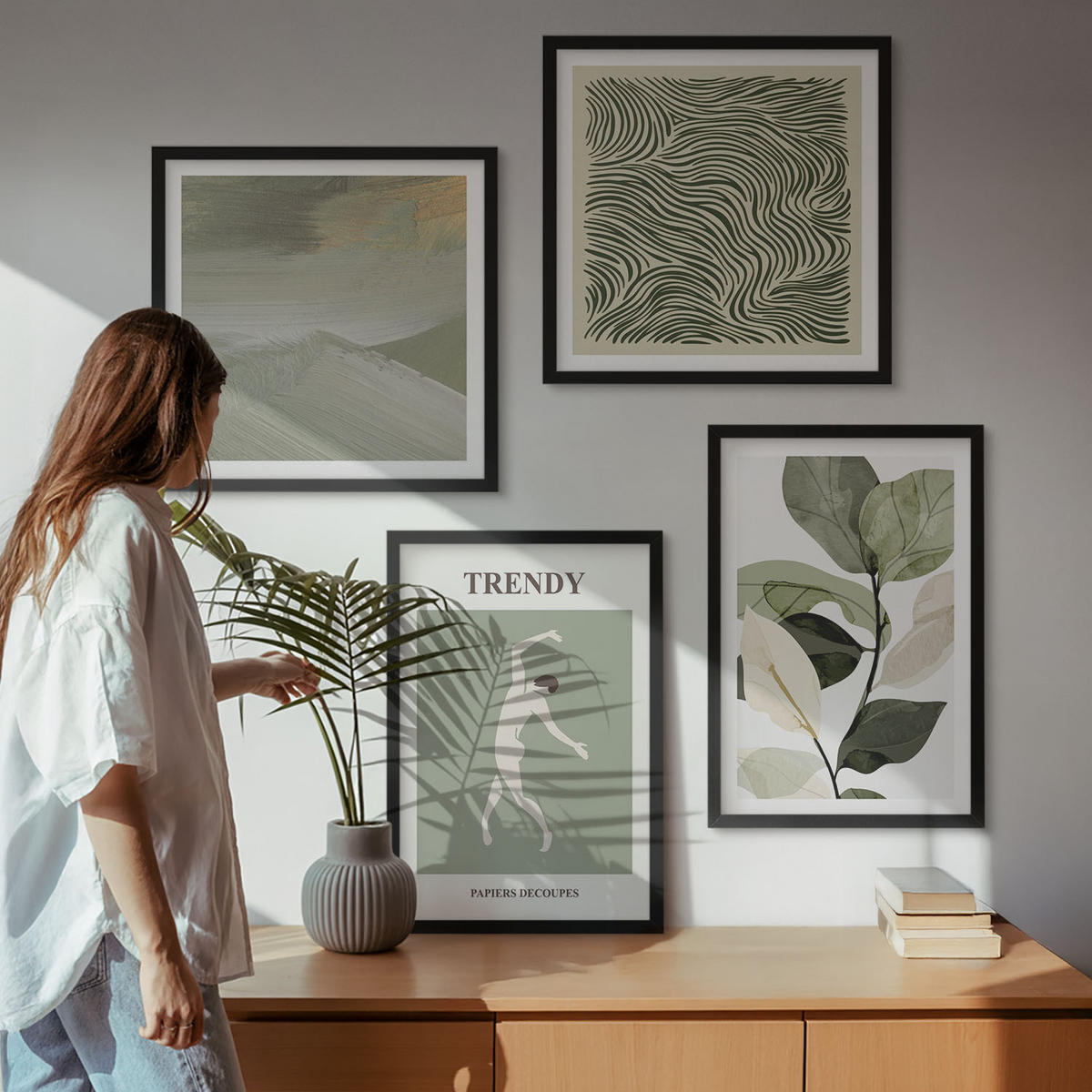 BILDER SET 4er Set - 50x50 cm & 40x60 cm Schwarzer Rahmen - Abstrakte Pflanzenmuster - Schwarz, Kunststoff (50/50cm) - TULUP