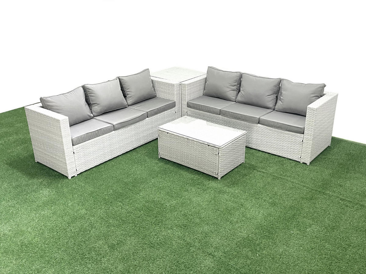 GARTENGARNITUR mit 3-SITZER SOFA,COUCHTISCH Polyrattan Hellgrau-Mix 6-Sitzer - Hellgrau/Grau, Glas/Kunststoff - Fimous