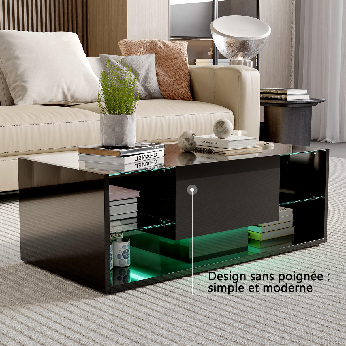 COUCHTISCH LED 100x50x35 cm Glas Hochglanz schwarz - Schwarz, Holz (50/100/35cm) - LEBENLANG