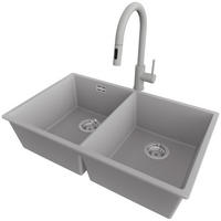 UNTERBAUSPÜLE GRANIT London Twin, 2-er set Grau 76/47 cm 2 Becken + Küchenarmatur 40/20 cm + Ablauf-Set ab 80er Unterschrank - Chromfarben/Grau, Kunststoff (76/20/47cm) - Primagran