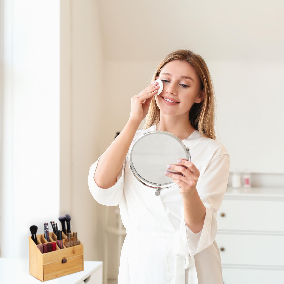 KOSMETIK-ORGANIZER - Hellbraun, Holz/Textil (25.5/19/12.5cm) - Relaxdays