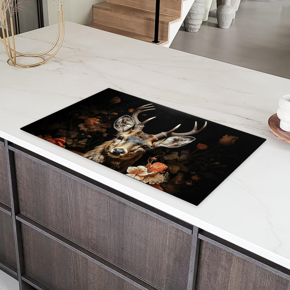 HERDABDECKPLATTE Hirsch - Tier - Blumen - Natur - Botanisch 91x52 cm - Kupferfarben, Kunststoff (91.2/52/0.2cm) - MuchoWow