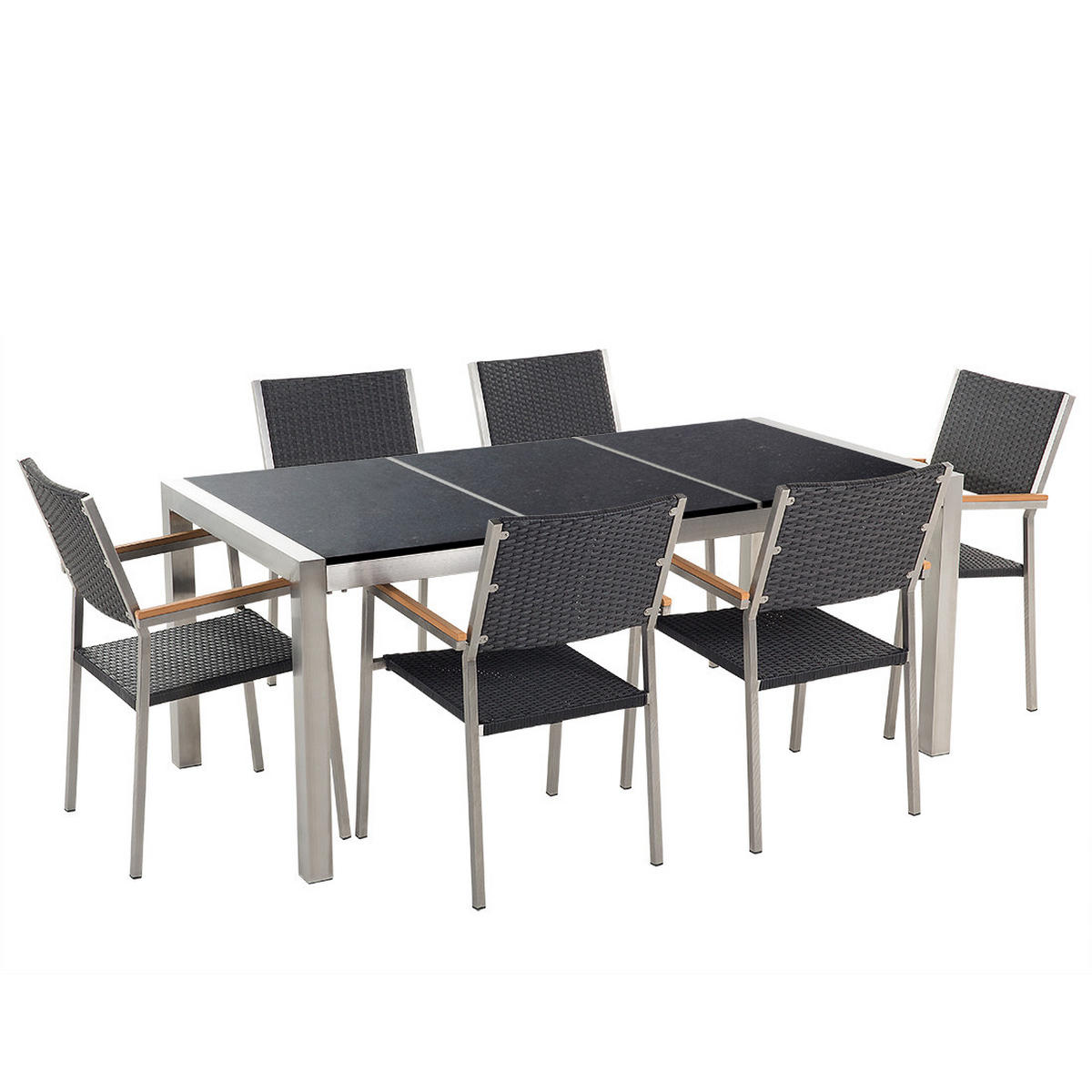 GARTENMÖBEL SET 6-Sitzer Naturstein schwarz poliert Rattan Grosseto - Silberfarben/Schwarz, Metall - Beliani