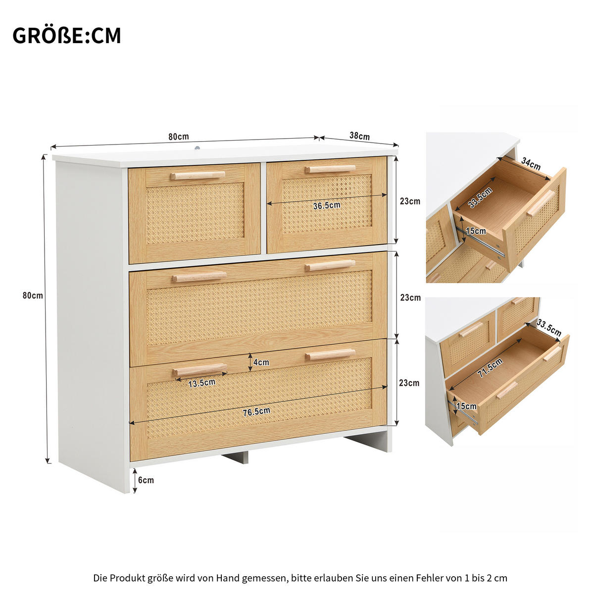 KOMMODE aus MDF 80x38x80 cm Natur/Weiß mit 4 Rattanschubladen - Weiß, Holzwerkstoff (38/80/80cm) - IVMEU