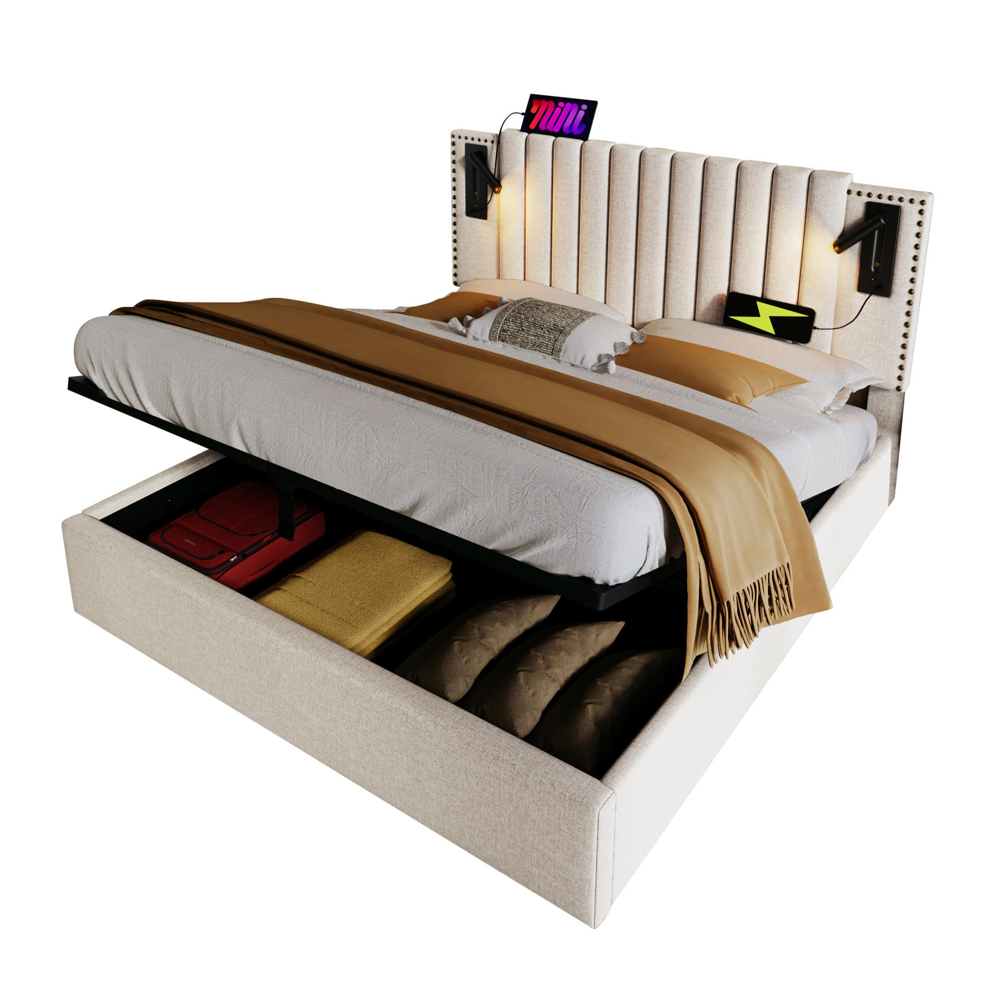 POLSTERBETT mit Bettkasten 180x200 cm Beige mit USB und Leselicht - Beige, Metall (180/200cm) - Meubliv