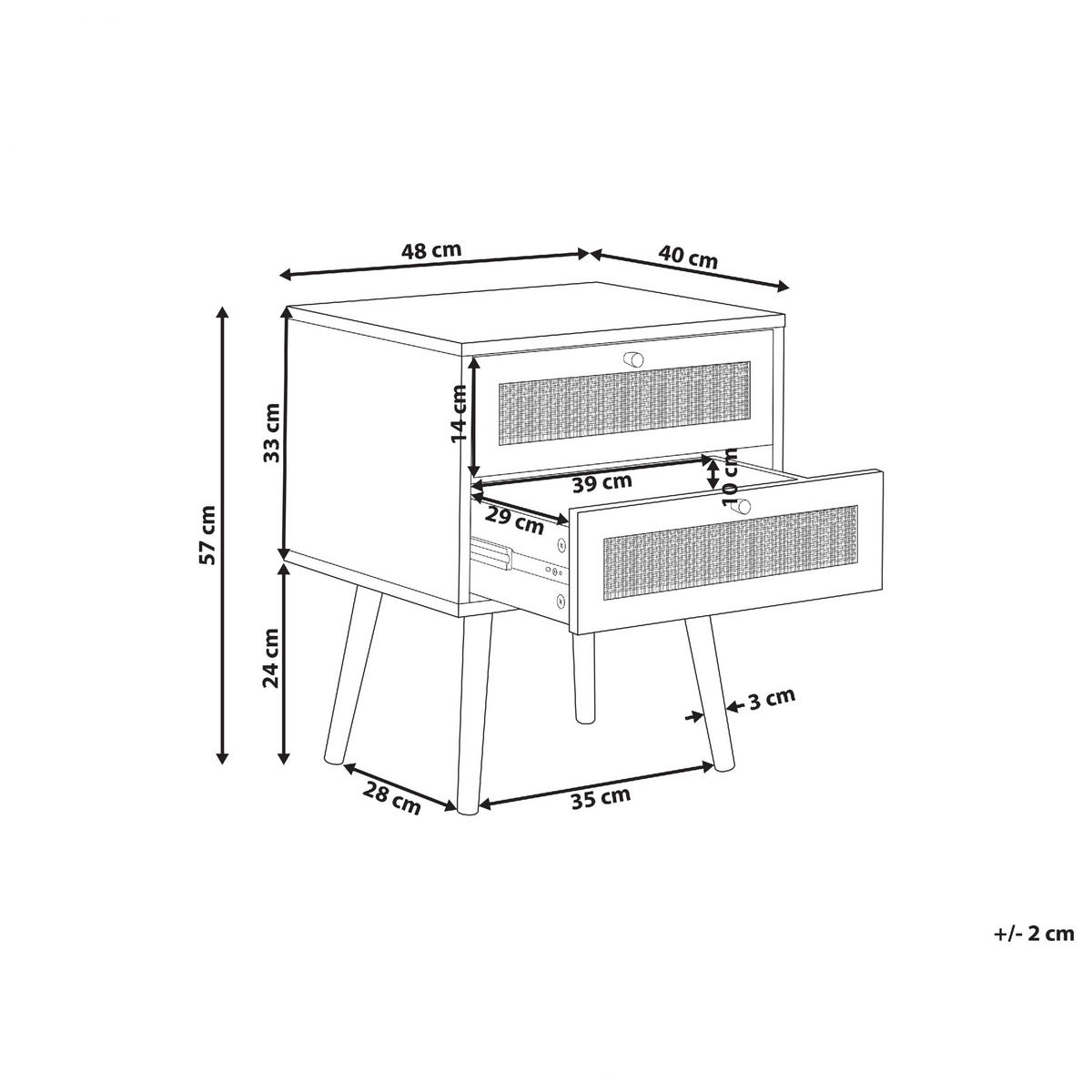 NACHTTISCH Rattan hellbraun 2 Schubladen Perote - Hellbraun/Goldfarben, Naturmaterialien (57/57/48cm) - Beliani