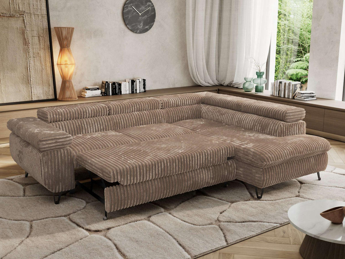 ECKSOFA PABLO L Braun Cord - Rechts Seite mit T25 Topper - Schwarz/Braun, Textil/Metall (273/208cm) - MKS