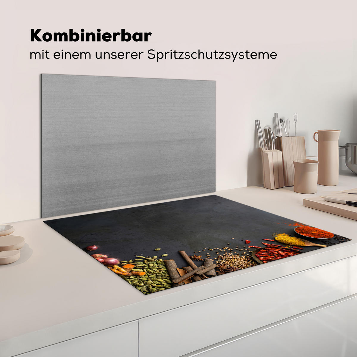 KRYT NA INDUKČNÍ DESKU Bylinky - Potraviny - Koření - Černá - Paprika - Skořice 77x59 cm - kari žlutá, plast (77/59/0.2cm) - MuchoWow