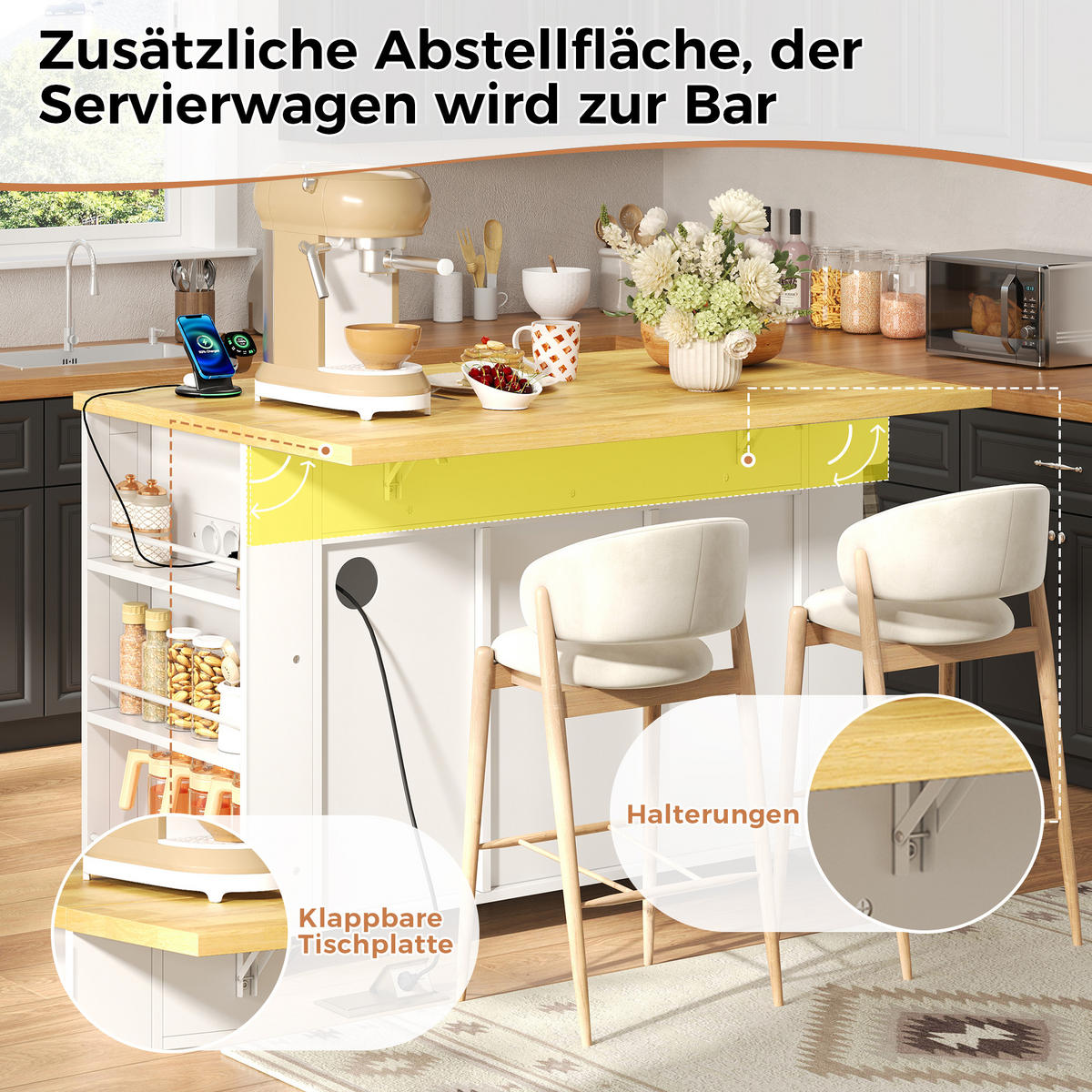 KÜCHENINSEL 130/50/87 cm Weiß mit ausklappbarer Arbeitsplatte, 3-stufigem Ablageregal und 3 Schubladen - Weiß, Holz/Holzwerkstoff (80/87/130cm) - Oxeza