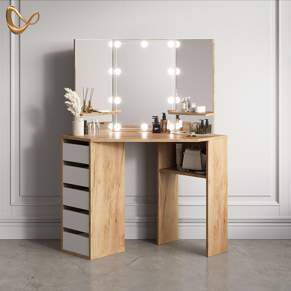 ECKSCHMINKTISCH Enna Goldkraft Eiche 110 cm mit LED Beleuchtung - Honigeiche, Holzwerkstoff (110/141.5/54cm) - Livinity®