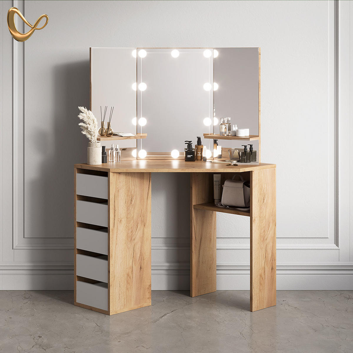 ECKSCHMINKTISCH Enna Goldkraft Eiche 110 cm mit LED Beleuchtung - Honigeiche, Holzwerkstoff (110/141.5/54cm) - Livinity®