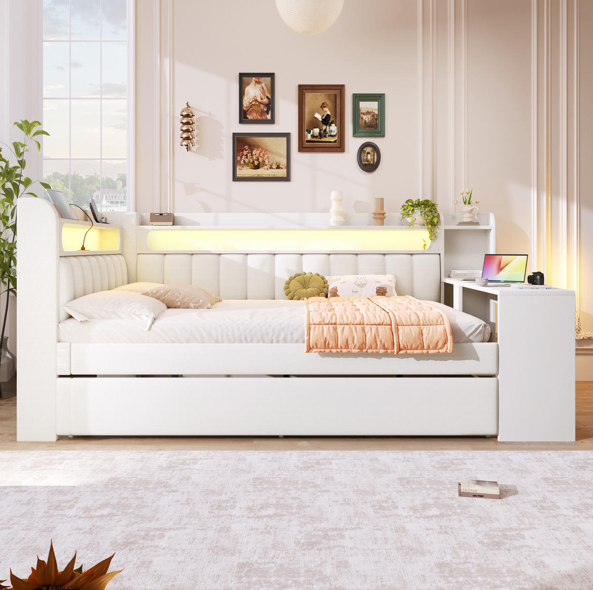 POLSTERBETT 140/200 cm mit LED-Beleuchtung, USB und Ausziehbett in Weiß - Weiß, Holzwerkstoff (140/200cm) - BEAOK