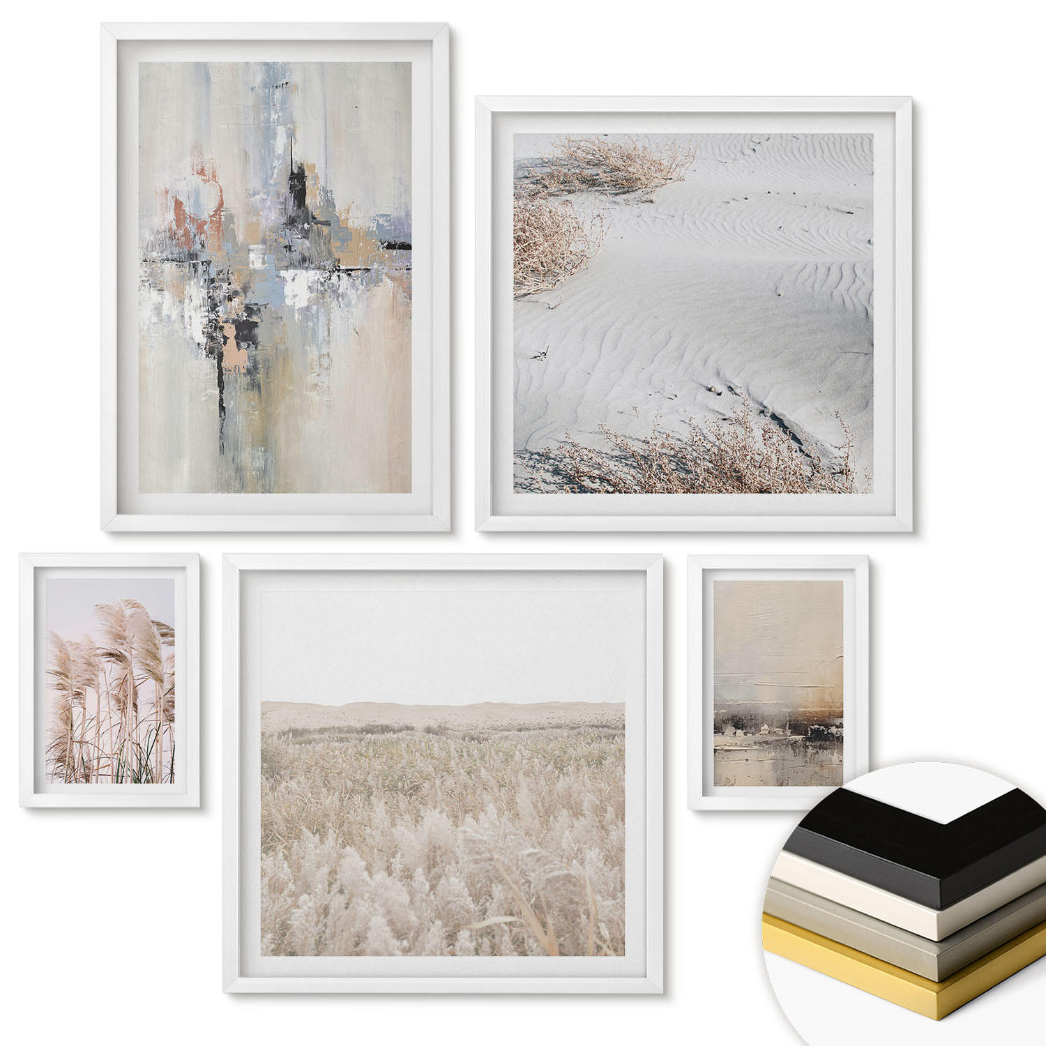 WANDBILDER 5er-Set - 50x50 cm & 20x30 cm & 40x60 cm Weißer Rahmen - Abstrakte Vegetationsmuster - Weiß, Kunststoff (40/60cm) - ArtPrintCave