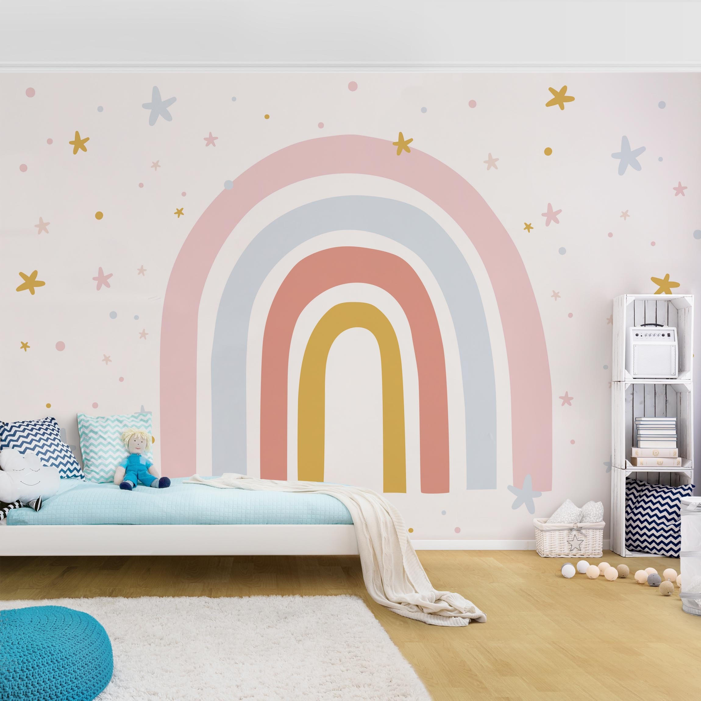 FOTOTAPETE Großer Regenbogen mit Sternen und Pünktchen 432/290 cm - Pastellblau, Papier (432/290cm) - Bilderwelten