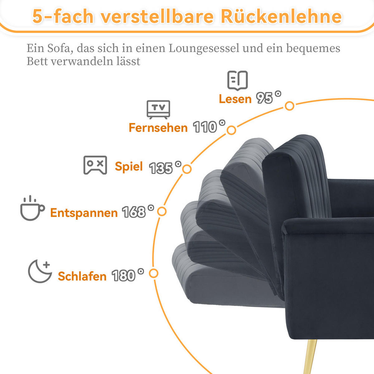 KLAPPBARES Schlafsofa mit Zusatzbeinen und Schlaffunktion in Samt Schwarz - Schwarz, Holz (76/75/183cm) - FLIEKS