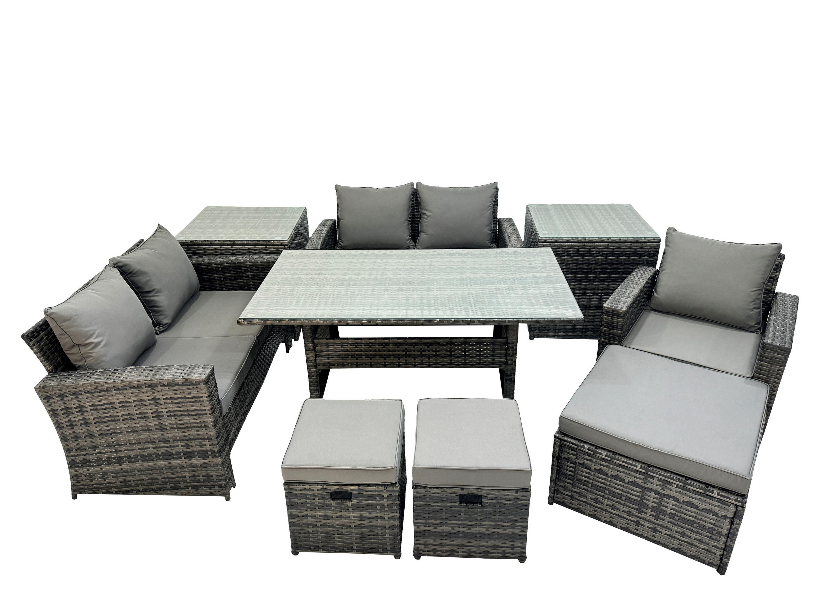 BALKONMÖBEL-SETS mit 2-Sitzer Sofa,3 Hockern,Esstisch,2 Beistelltischen Polyrattan Dunkelgrau 8-Sitzer - Dunkelgrau/Grau, Glas/Kunststoff - Fimous